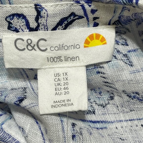 New C & C California Beachy Tunic Top Blouse Size 1X Linen Blue White - Picture 6 of 7